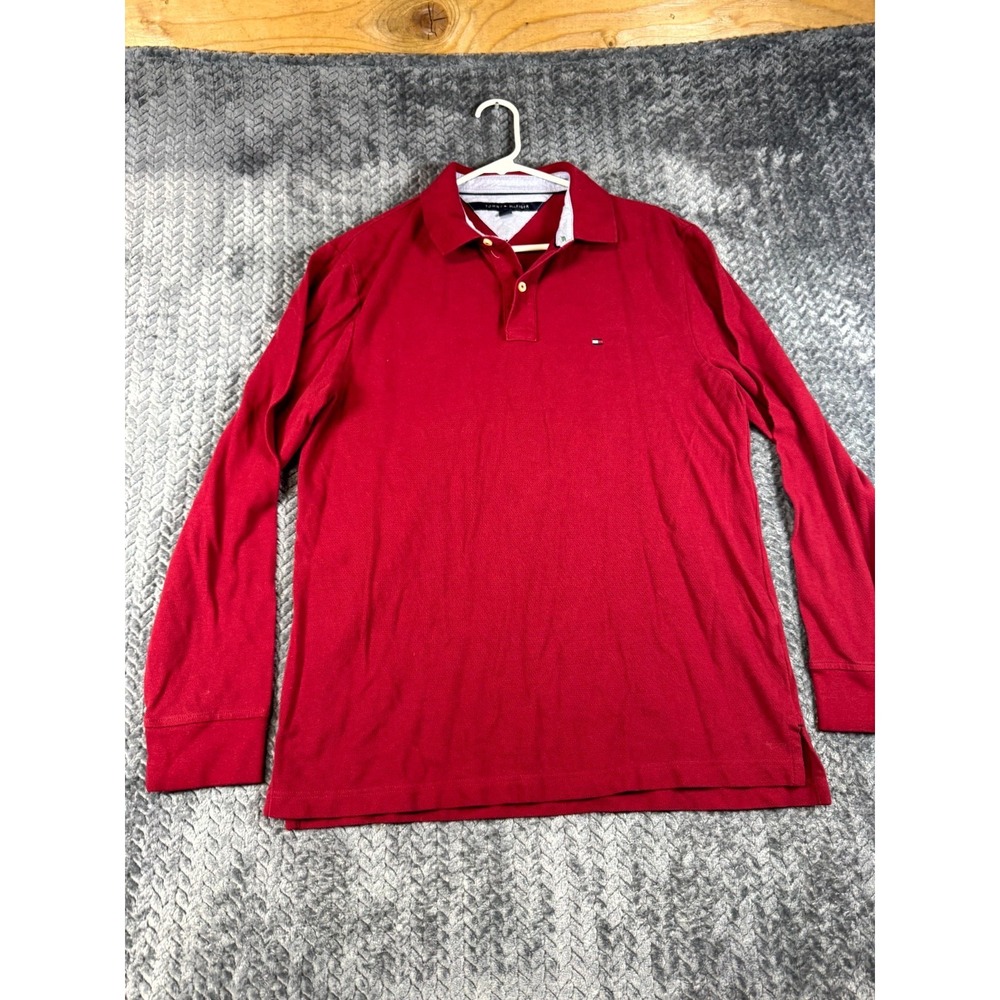 Tommy Hilfiger Polo Shirt Mens Large Red Pique Knit Cotton Golf Performance Logo
